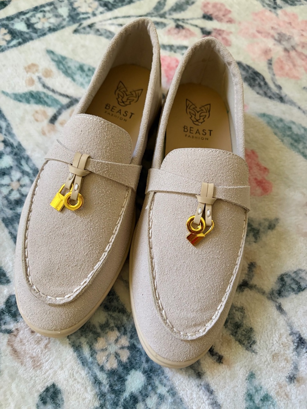Boutique BEAST FASHION Beige Suede Loafers with Gold Charm